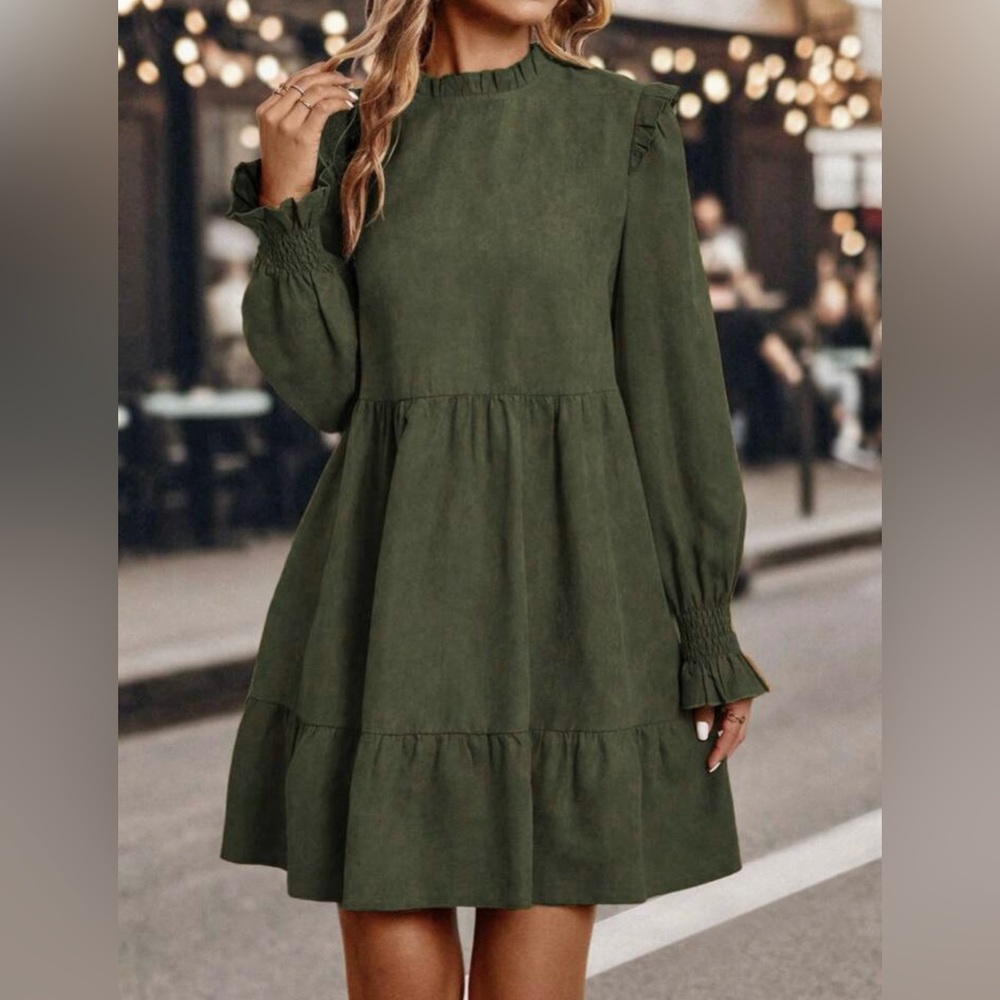 SHEIN LUNE Women's Frill Trim Babydoll Green Dress Size Large Corduroy Holiday